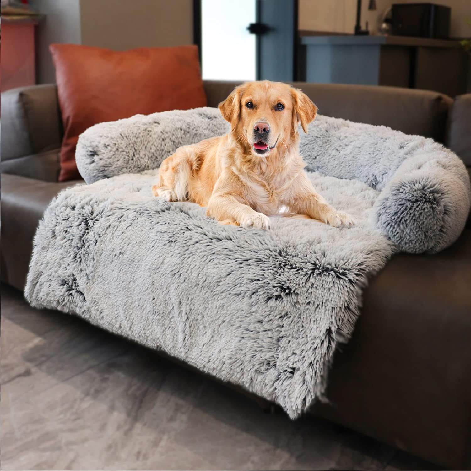 Dekeyoo Pet Couch Protector, Calming Dog Bed Plush Dog Mat Dog Sofa, Pet Furniture Cover with Soft Neck Bolster, Machine Washable Gradient Brown Medium