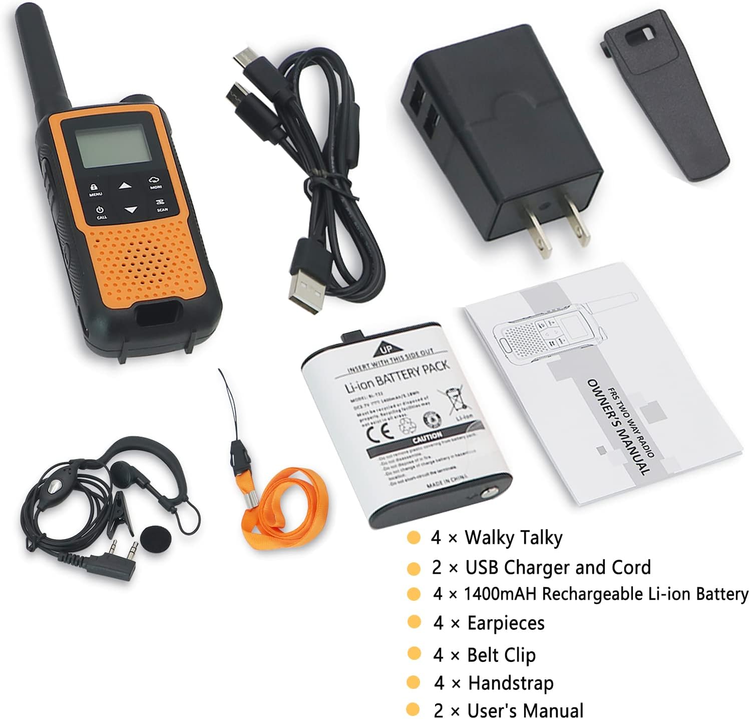 Walkie Talkies Rechargeable, NOAA Walkie Talkies Long Range for Adults, 22 Channels FRS Radio, Handheld 2 Way Radio, VOX Walkie Talkie with Earpiece and Mic, Walky Talky, USB Charging(Orange 4 Pack) Pack of 2
