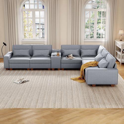 Modular Sectional Sofa, Convertible U Shaped Sofa Couch with Central Console & USB Ports, 7 Seat Modular Sectionals Couch with Chaise and Storage for Living Room, Light Grey