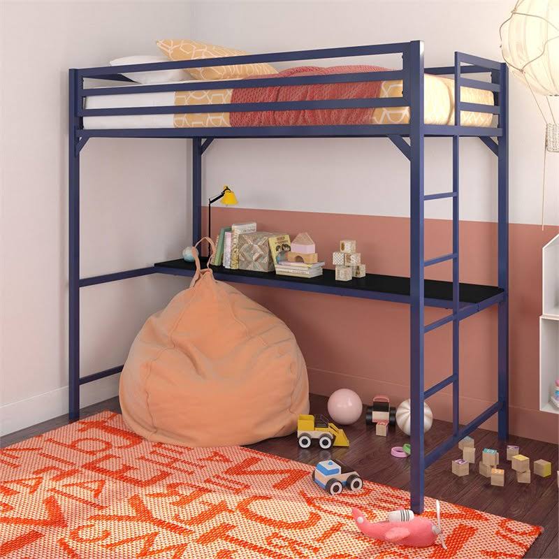 DHP Mabel Twin Metal Loft Bed with Desk in Blue - DE23982