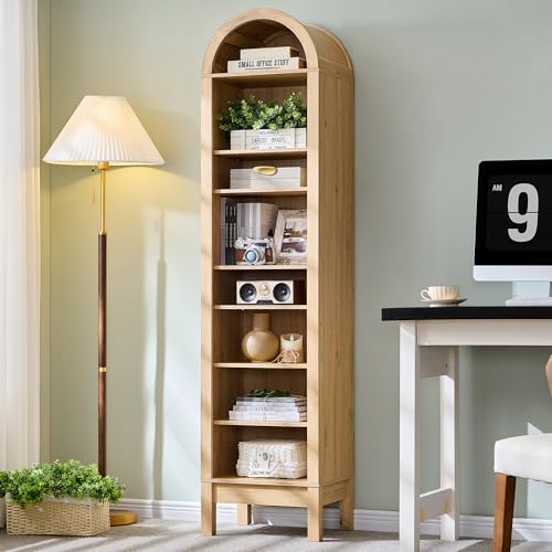 71" Tall Arched Bookshelf, 7 Tiers Arch Bookcase with Storage, Modern Farmhouse Book Shelf with Adjustable Shelves, Wood Bookshelf w/Open Display Shelves for Living Room, Office (Natural)
