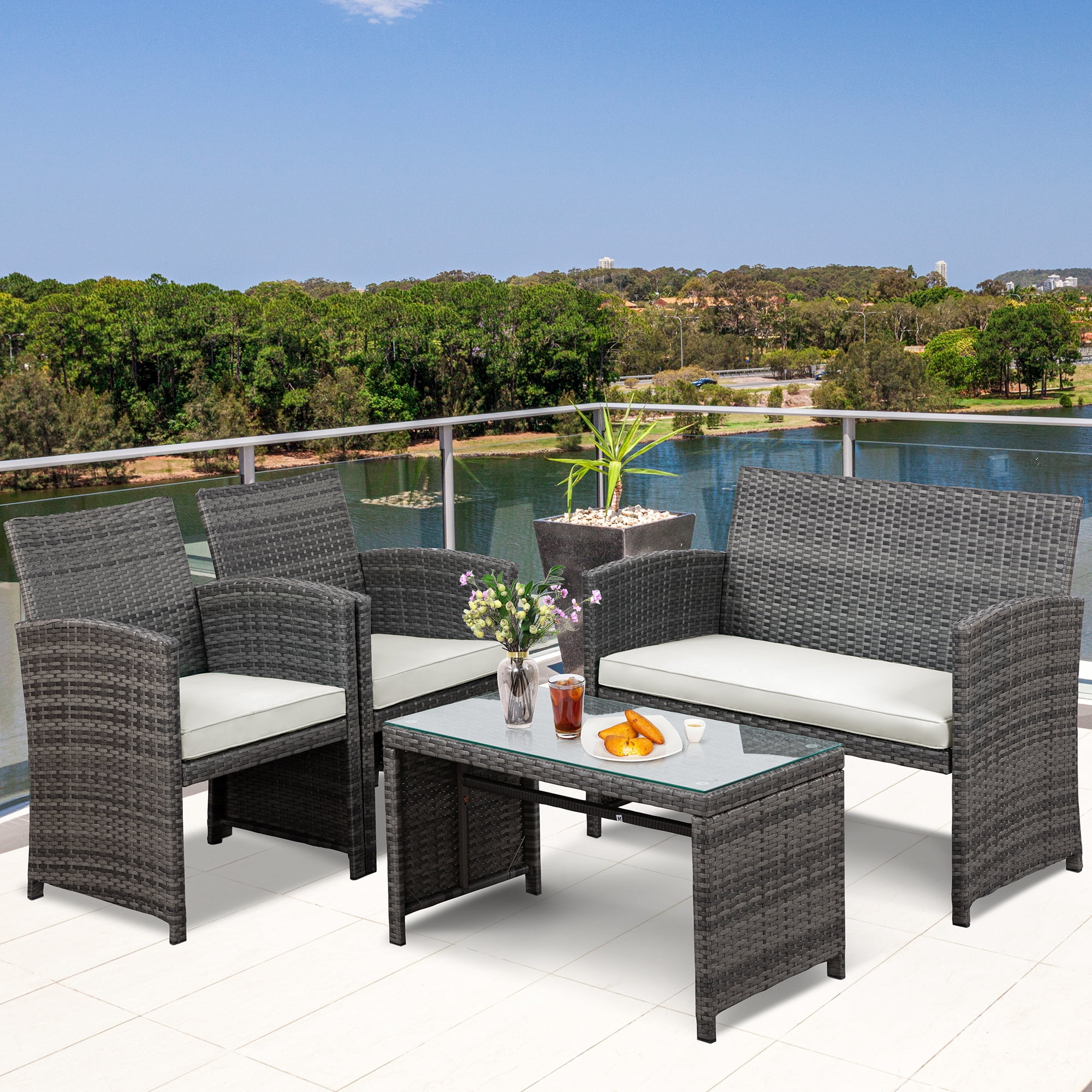 Walsunny 4 Piece Patio Ratten Set Outdoor Furniture Set Wicker Conversation Set with Cushions and Tempered Glass Tabletop