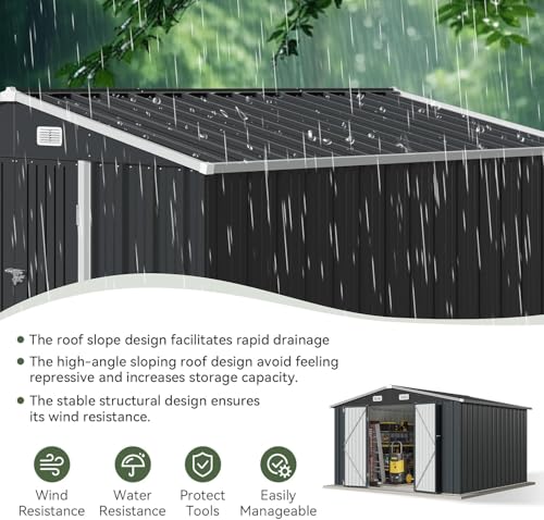 Aoxun 10 x 12FT Outdoor Storage Shed with Double Hinged Large Door Utility Garden Shed with Lockable Door & Sloped Roof Metal Sheds Outdoor Storage for Garden, Backyard, Patio and Backyard, Brown