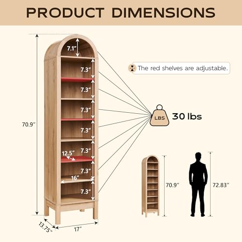 71" Tall Arched Bookshelf, 7 Tiers Arch Bookcase with Storage, Modern Farmhouse Book Shelf with Adjustable Shelves, Wood Bookshelf w/Open Display Shelves for Living Room, Office (Natural)