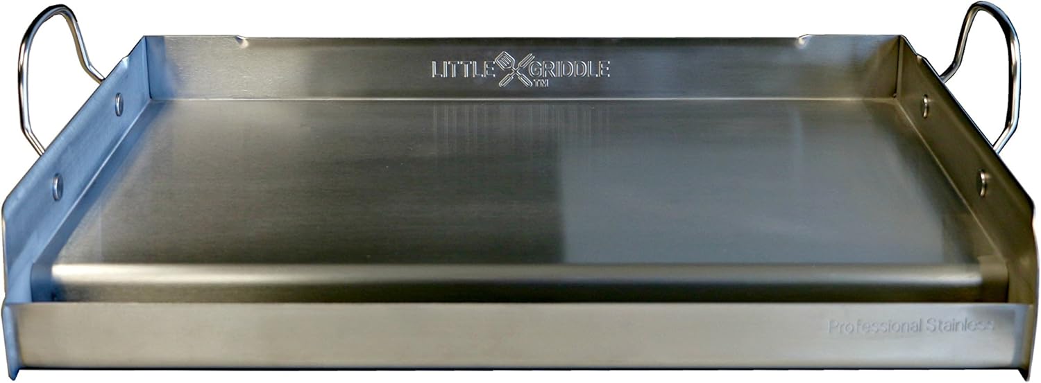 LITTLE GRIDDLE griddle-Q GQ230 100% Stainless Steel Professional Quality Griddle with Even Heat Cross Bracing and Removable Handles for Charcoal/Gas Grills, Camping, Tailgating, and Parties (25x16x6.5)