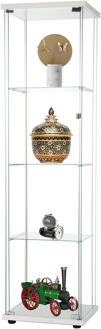 SSLine Modern Glass Display Cabinet Floor Standing Curio Showcase Cabinet with Door 4-Tier Clear Tempered Glass Display Shelf Organizer for Home Office Living Room Bedroom -Clear&Black Wood