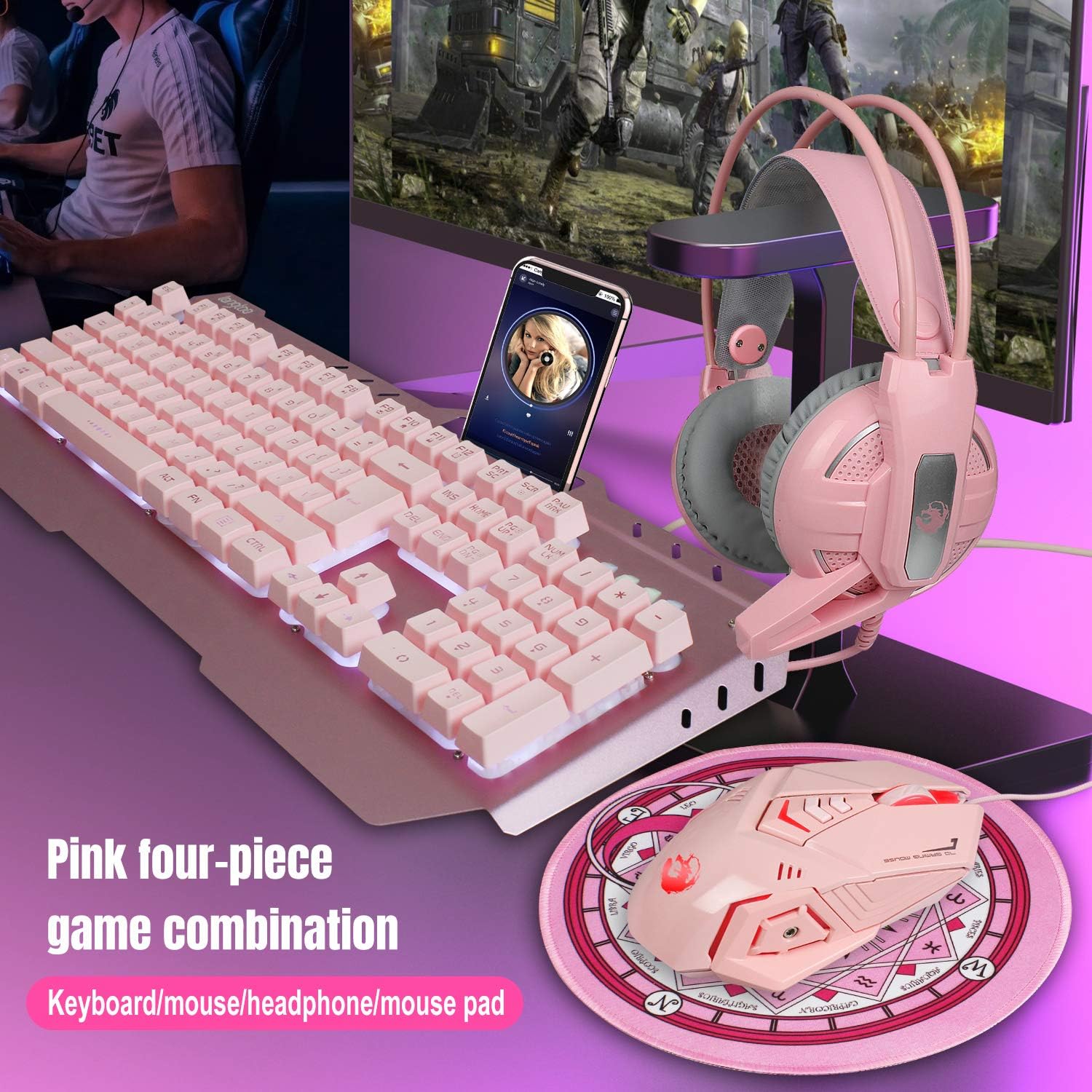 DGG Pink 4-in-1 Gaming Keyboard Mouse Headset Combo, White Led Backlit 104 Keys Ergonomic Gamer Keyboard+4800DPI Adjust Optical Game Mouse+3.5mm Gaming Stereo Headset Pack of 2