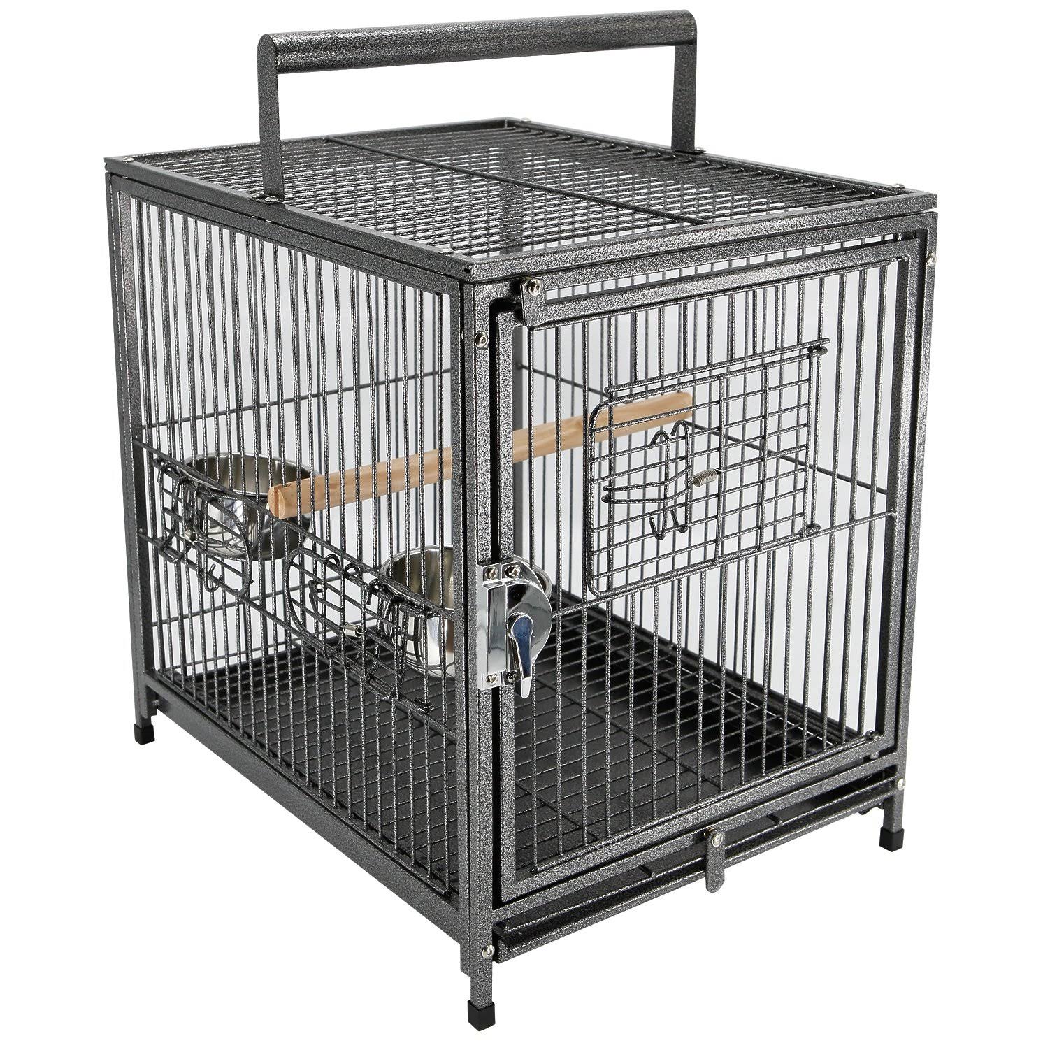 PawHut 22x22 Heavy Duty Wrought Iron Travel Bird Cage Carrier with Handle Perch and Accessories - Black