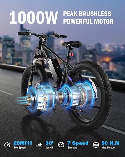 Racer Plus Adult Electric Bicycle, Peak 1000W Motor Electric Bike for Adults, Up to 28MPH 65Miles, 26x4.0 Fat Tire Electric Mountain Bike with 48V 13AH Battery, 7 Speed Front Suspension E Bike
