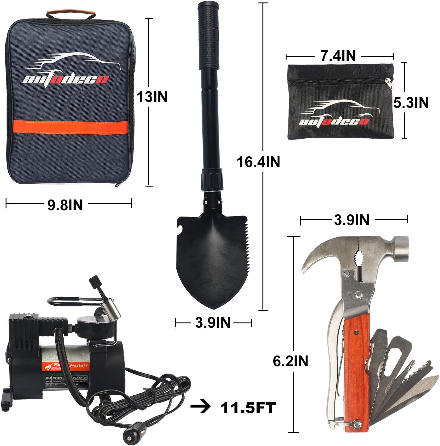 AUTODECO Car Roadside Emergency Kit - 118-Piece Premium Heavy Duty Car Roadside Emergency Kit - Jumper Cables Portable Air Compressor Tow Strap Multifunctional Hammer Shovel, etc.