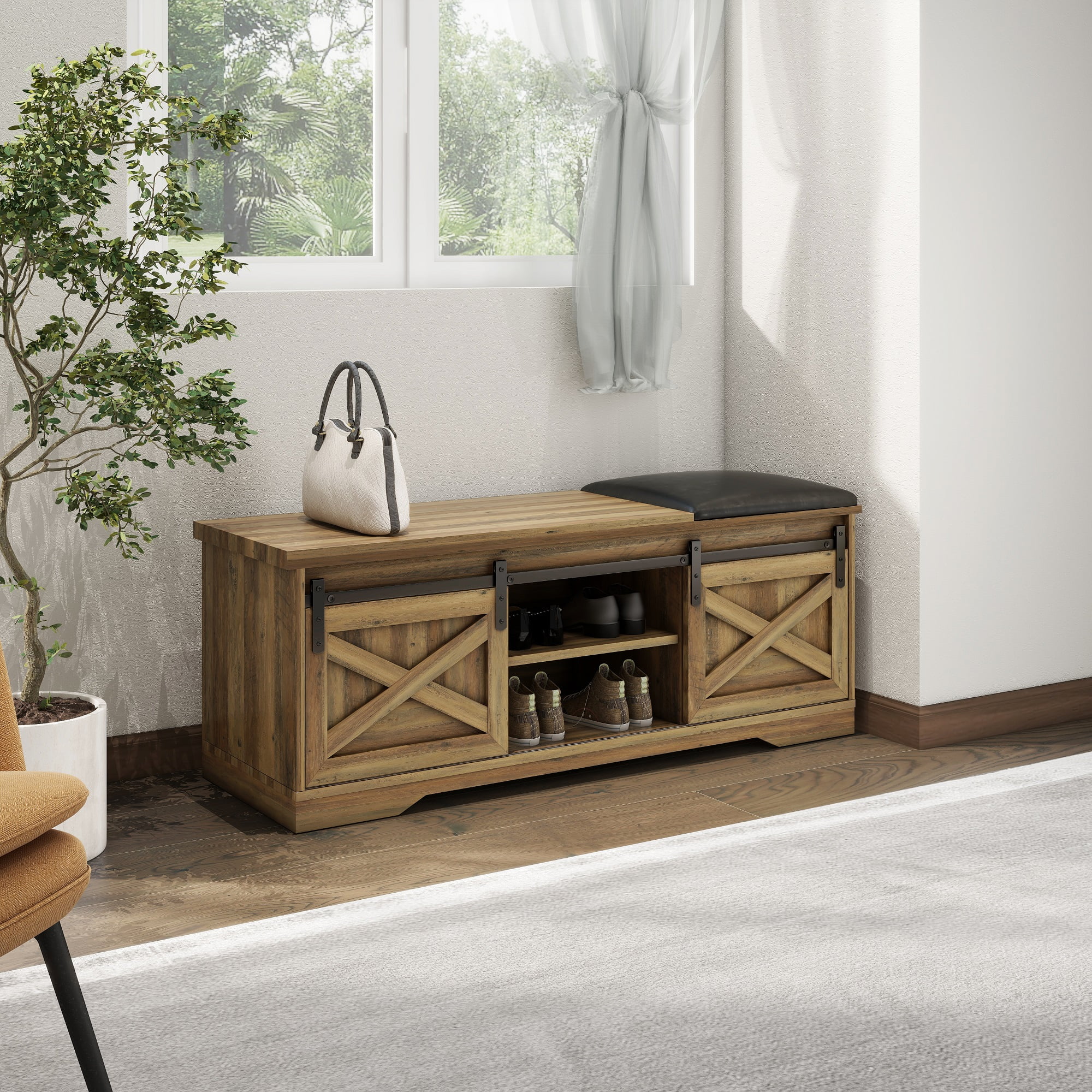 Shoe Bench Entryway with Storage & Cushion, Farmhouse Entryway Bench with Shoe Storage Brown, Bench Shoe Storage with Doors, Shoe Storage with Bench for Entryway, Entry Bench Seat with Storage