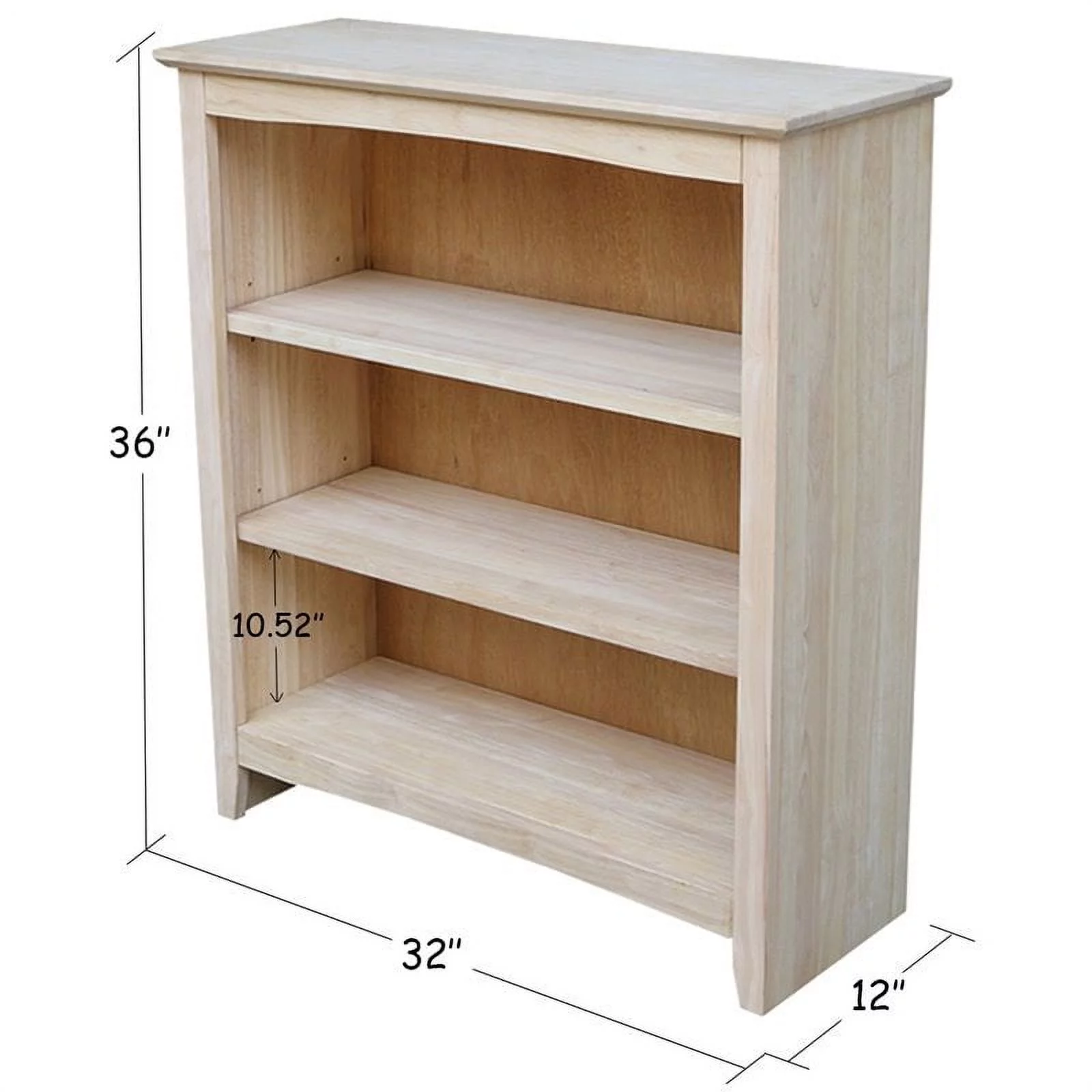 Pemberly Row Unfinished Solid Wood 36" Shaker 3 Shelf Bookcase with Two Adjustable Shelves - Curated Treasures Market