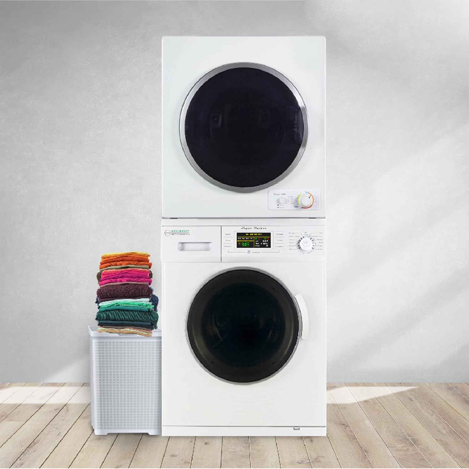 Equator Stackable Laundry Center with Front Load Washer and Dryer Unit Including Customizable Cycles, Quiet Mode, and 180-Degree Swinging Doors White