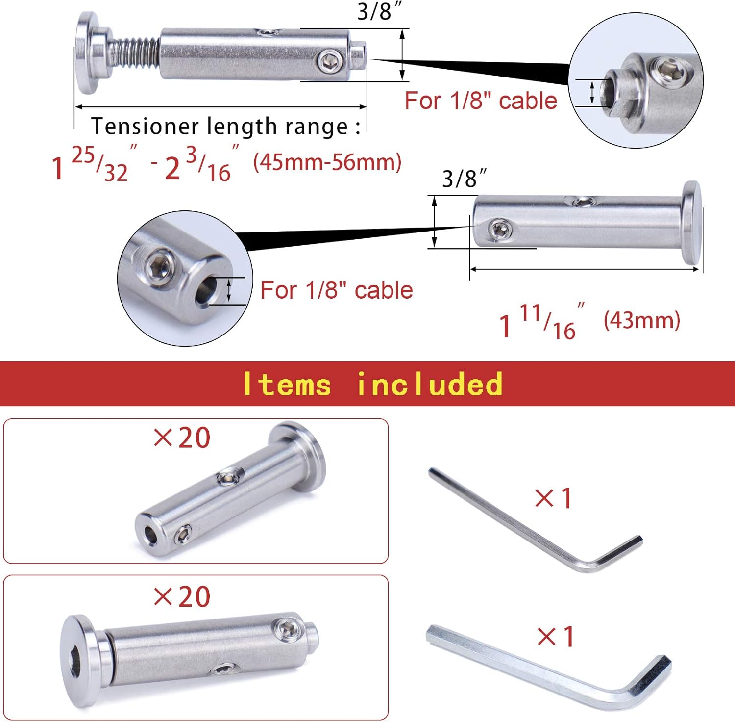 Muzata 20Set Cable Railing kit Invisible Swageless 1/8 Turnbuckle Tensioner Terminal Hidden Flat Head for 2-6 Wood Metal Post Deck Stairs Edgeless System CB05,CL1 CV1 CV2