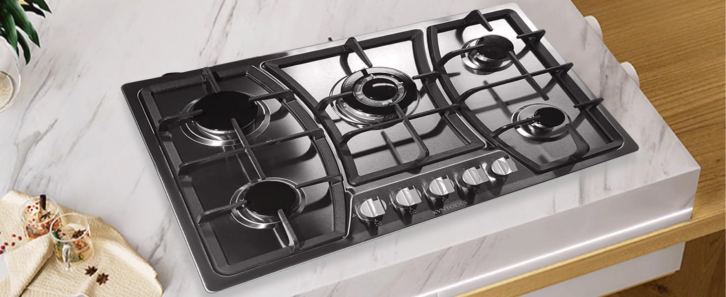 Gas Cooktop 30 Inch, Built In Gas Rangetop with 5 High Efficiency Burners, NG/LPG Convertible Stainless Steel Gas Stove Top with Thermocouple Protection, 110V AC(Default NG nozzle)