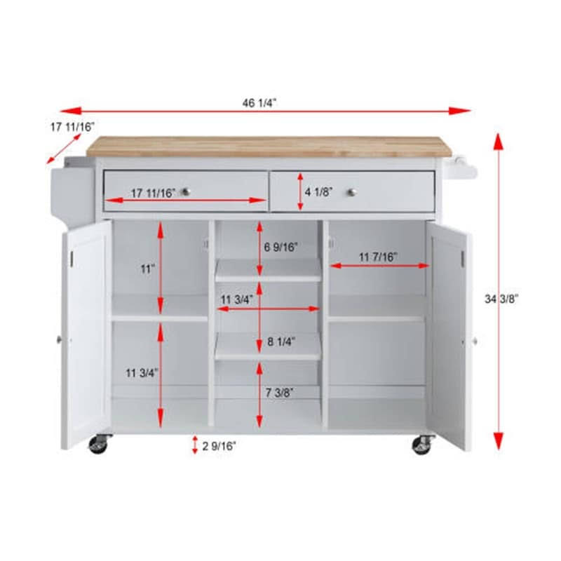 Cottage Style Kitchen Island Storage Cart with Natural Finish Top - 46.5x22 x 17.8x22 x 34.4x22H - White