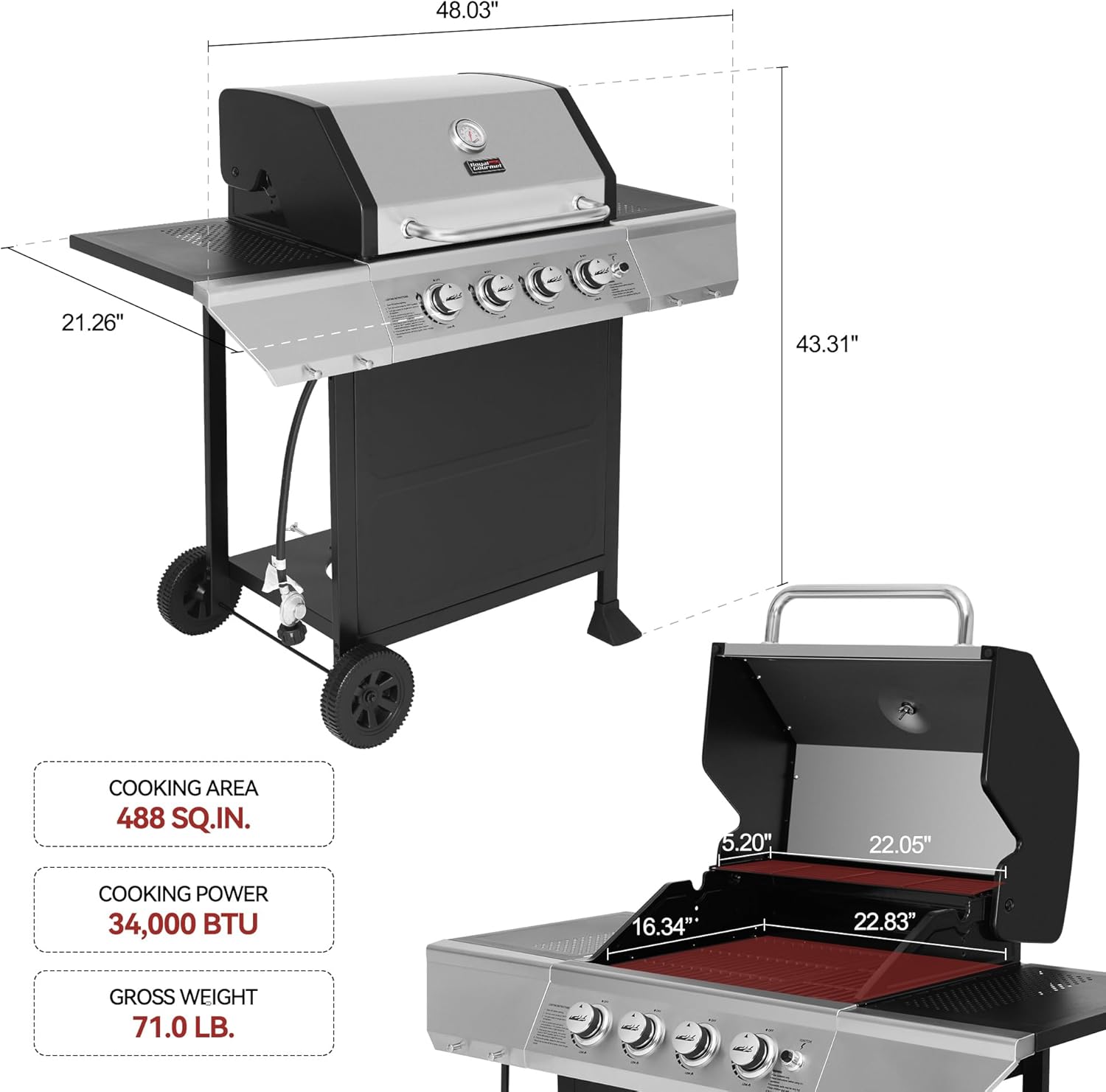 Royal Gourmet 4-Burner BBQ Propane Gas Grill with Stainless Steel Upper Lid, Outdoor Barbecue Gas Grill for Patio Garden Barbecue, 34,000 BTU Output, Black & Silver
