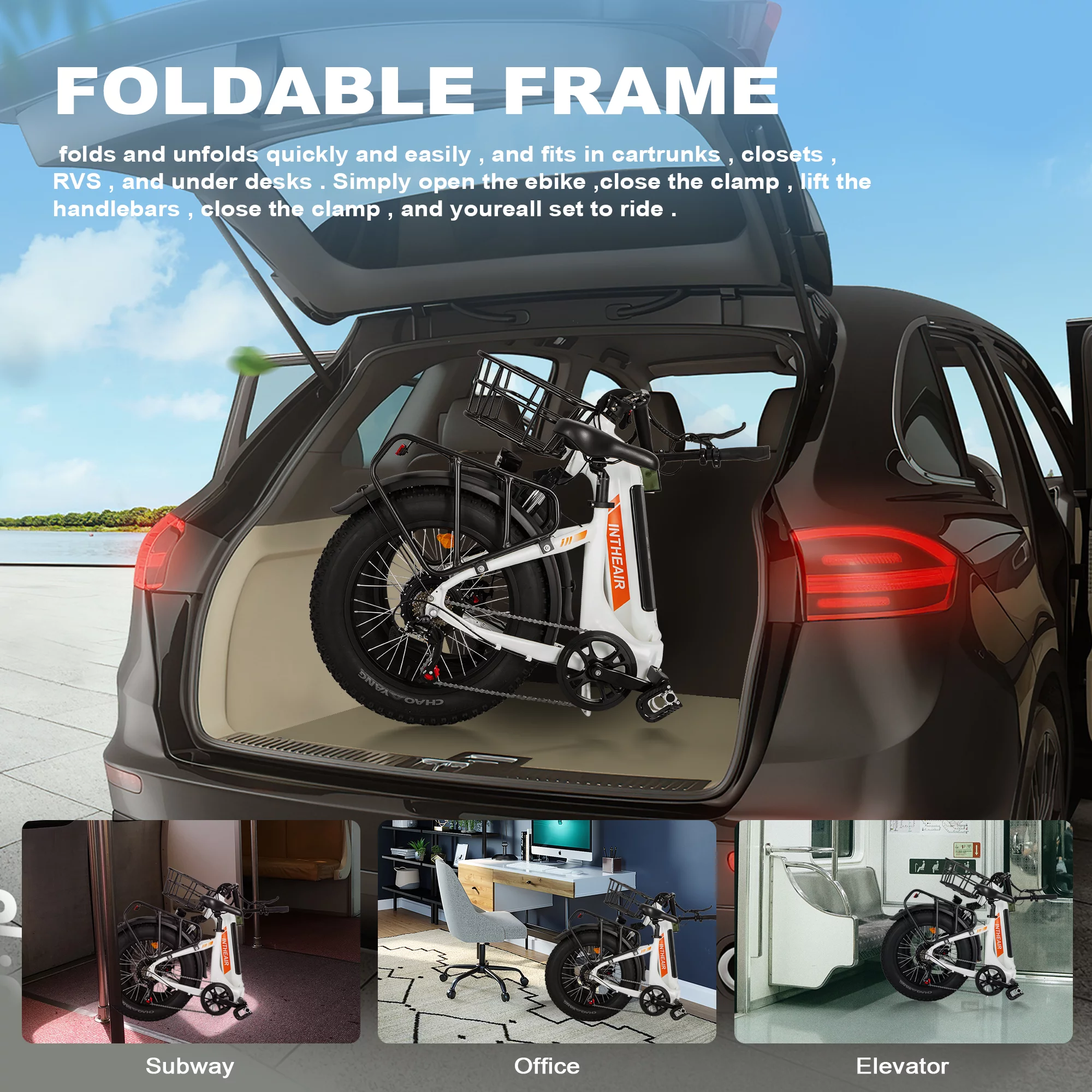 INTHEAIR Ranger Electric Bike, Adults Foldable Ebike for Adults 20 x 4.0 Fat Tire Step Thru Electric Bicycle with 750W Motor, 48V 13AH-Black