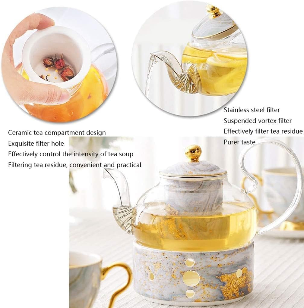 Tea Set for Adults 7pcs British Luxury Ceramics Tea Set with Tray Coffee Set Candle Heating Glass Teapot Set Pot Cup Set Coffeeware 600ml Tea Sets with Teapot (A 7 Pieces.)