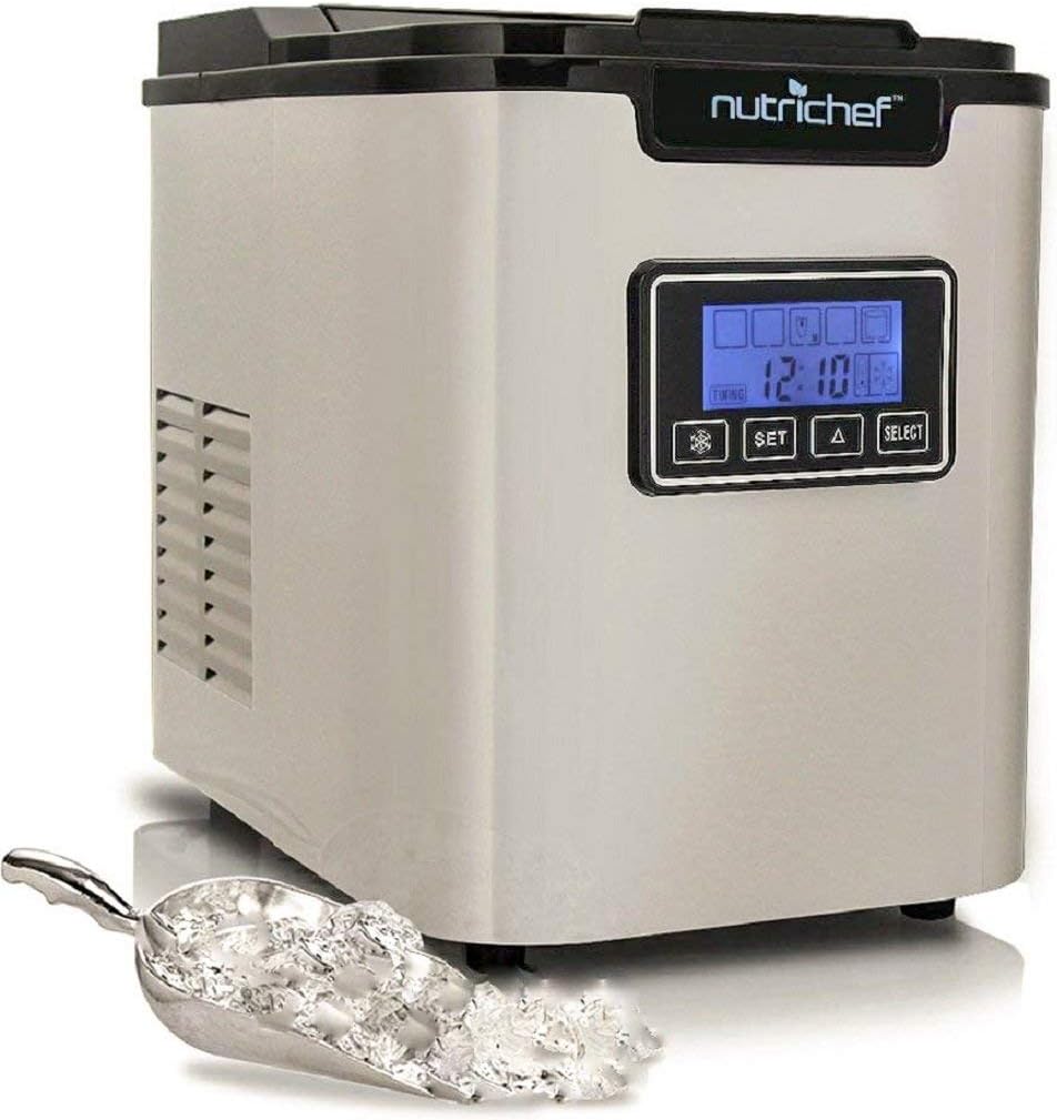NutriChef Upgraded Digital Ice Maker Machine-Portable Stainless Steel,Stain Resistant Countertop w/Built-In Freezer,Over-Sized Ice Bucket Ice Machine w/Easy-Touch Buttons,Silver-PICEM62