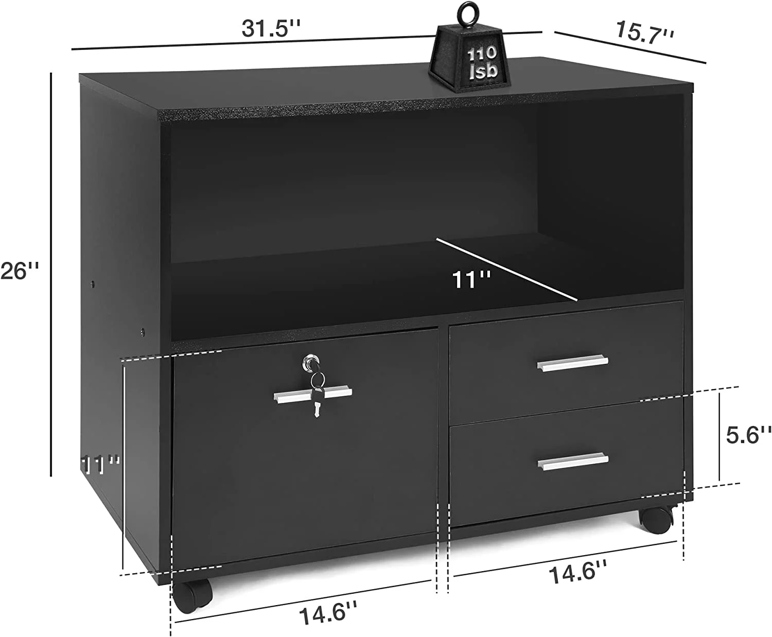 Karmas Product Wood File Cabinet with Lock 3 Drawer Large Mobile Lateral Filing Cabinet with Rolling Wheel Printer Stand with Open Storage Shelves for Home Office, Black