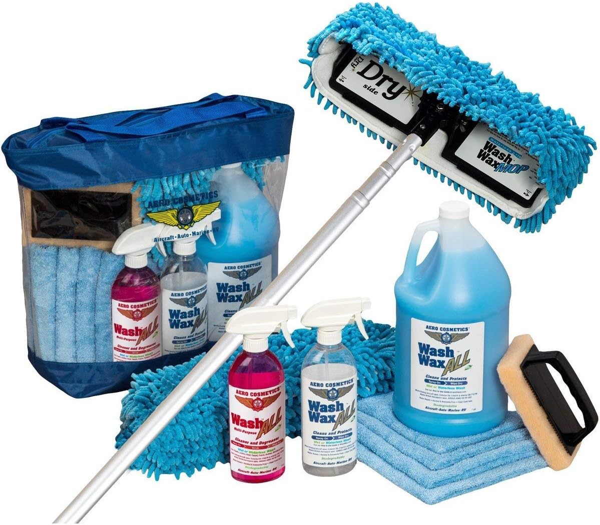 Aero Cosmetics Waterless RV Aircraft Boat Wash Wax Mop Kit with Deluxe Pole (3' 9" to 9'), No Ladder Needed, Wash, Wax, Dry, Anywhere, Anytime, No Restrictions