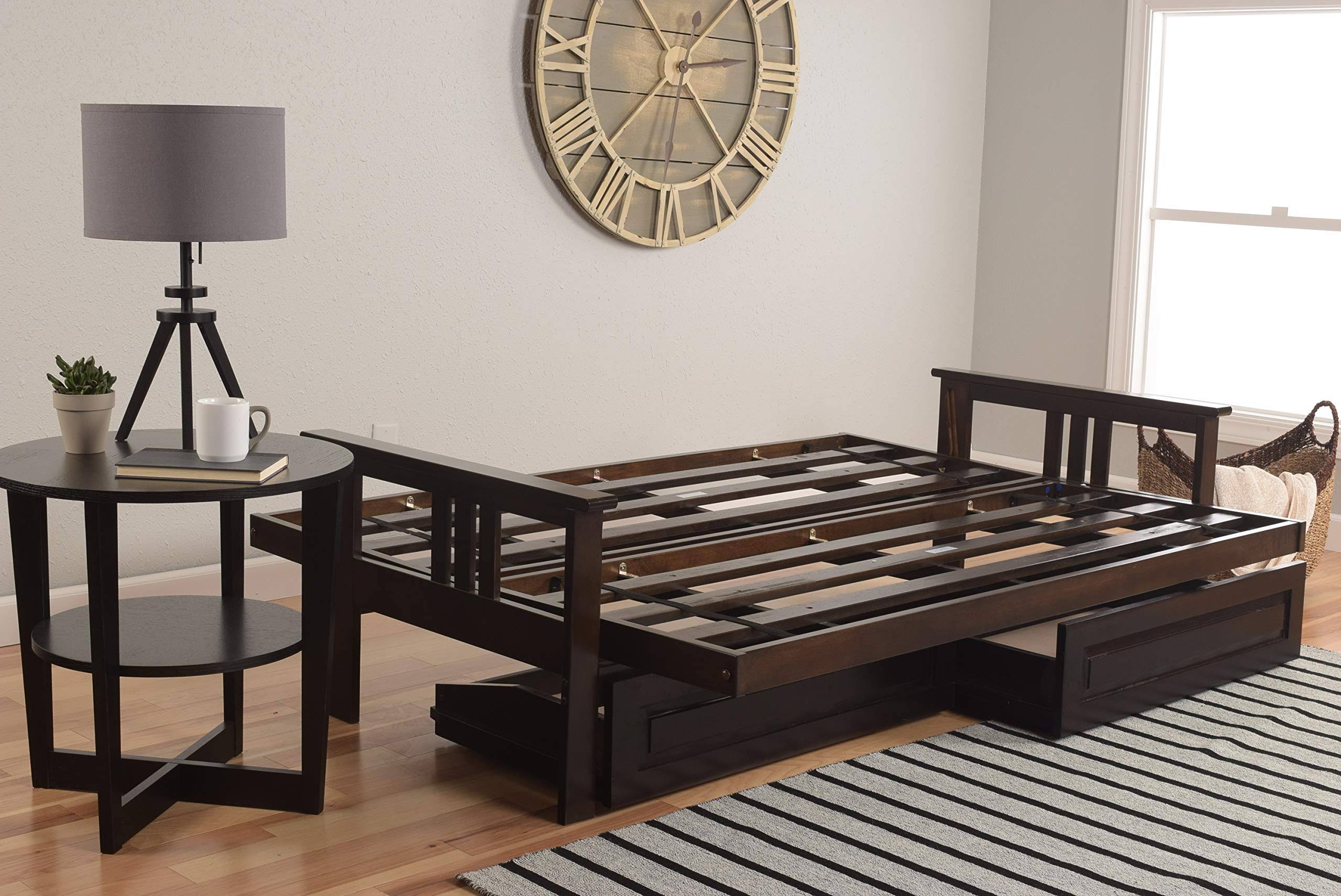 Kodiak Monterey Espresso Finish Full Futon with Linen Charcoal Mattress u0026 Storage Drawers