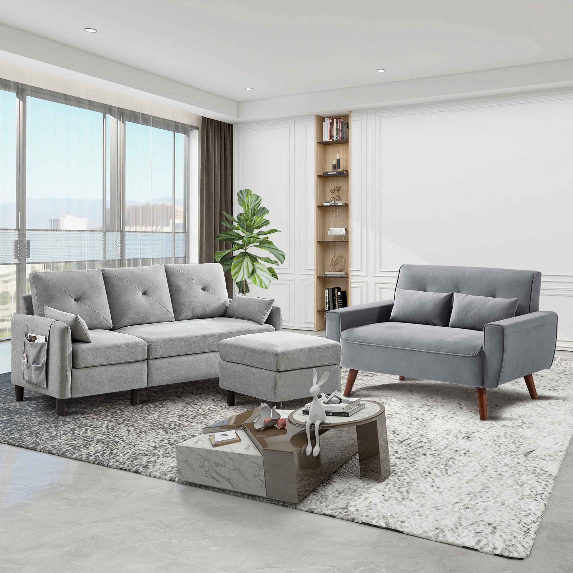 79" Convertible Sectional Sofa Set, Small L Shaped 3-Seat Couch with Reversible Chaise and Accent Chair, Modern Linen Sofas Couches for Living Room, LightGrey - Curated Treasures Market
