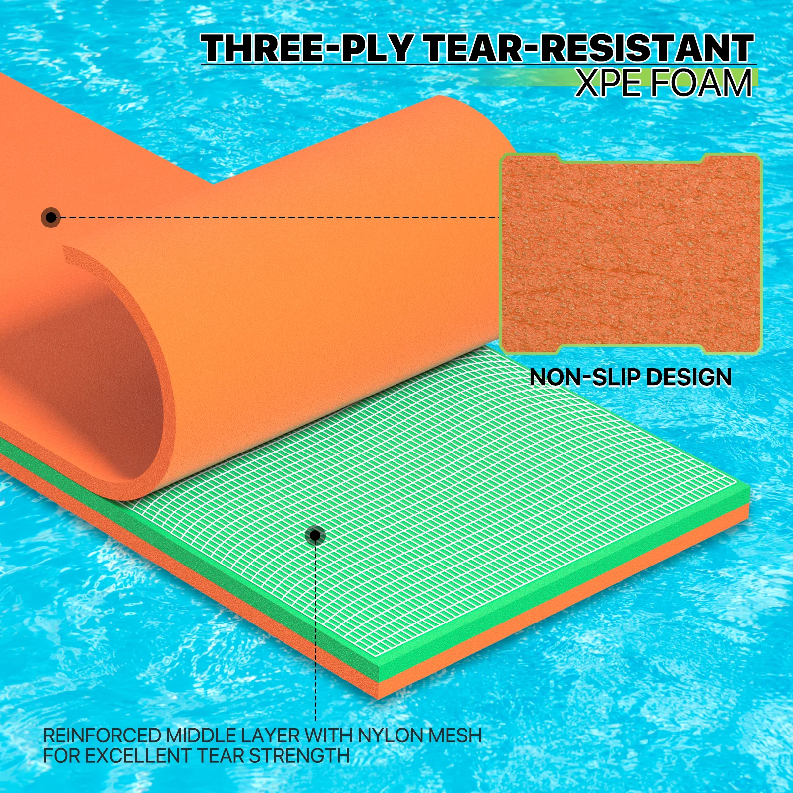 Magshion 18' x 6' Water Floating Mat, 3-Layer Tear-Resistant XPE Foam Water Floating Pad Lily Pad for Pool Lake River Ocean Outdoor Water Activities, Orange