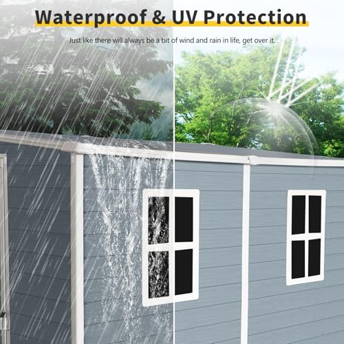 4x8 ft Outdoor Resin Storage Shed with Floor and 2 Windows, Lockable Double Door Resin Sheds with Vents, Waterproof Garden Shed for Backyard, Patio, Lawn, All-Weather Tool Sheds, Grey