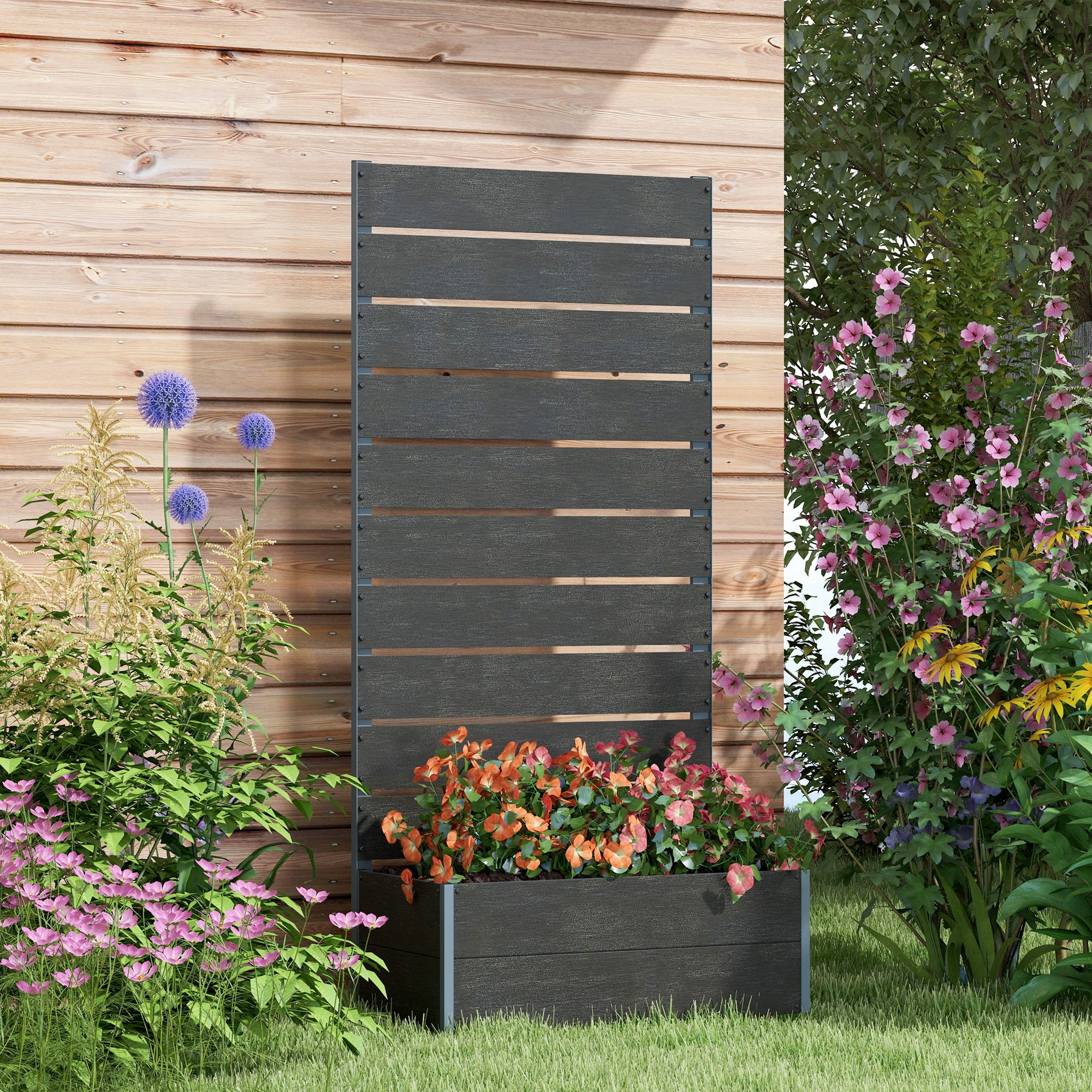 Outsunny Raised Garden Bed with Trellis for Climbing Plants & Vines, Black