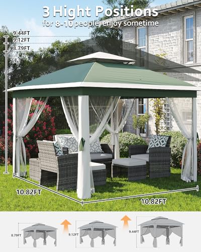 11x11 Pop Up Gazebo Tent with Mosquito Netting, Outdoor Canopy Shelter Easy Setup, Water & UV Resistant - Khaki