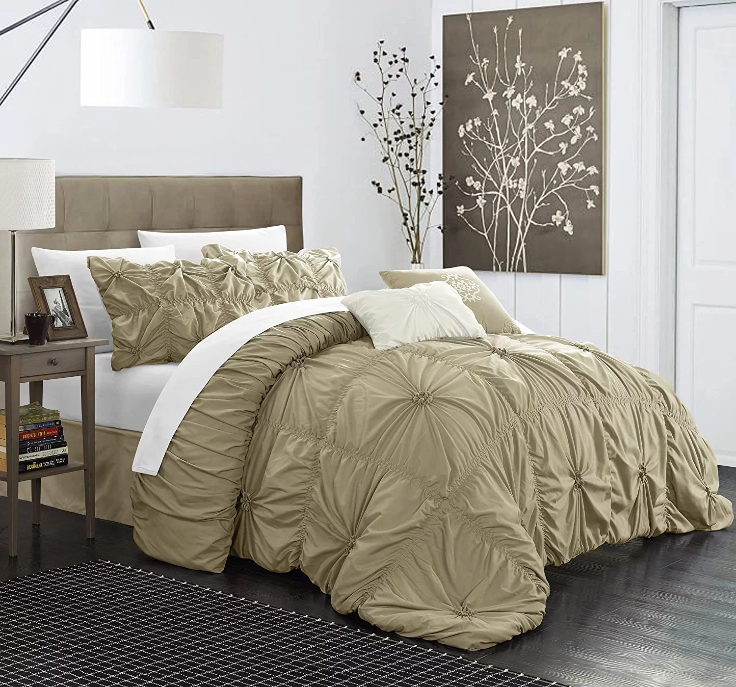 YANPO Halpert 6 Piece Comforter Set Floral Pinch Pleated Ruffled Designer Embellished Bed Skirt and Decorative Pillows Shams Included, King, Taupe - Curated Treasures Market