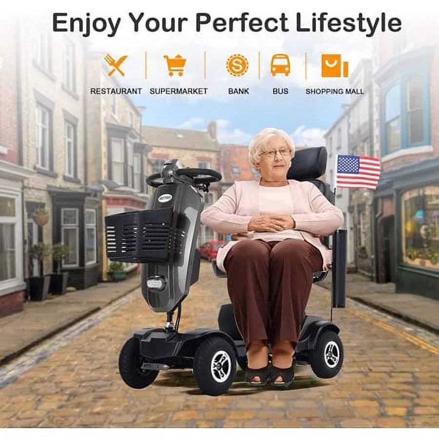 4 Wheels Mobility Scooter Grey LED Lights USB Port Extra Long Range for Seniors Adults