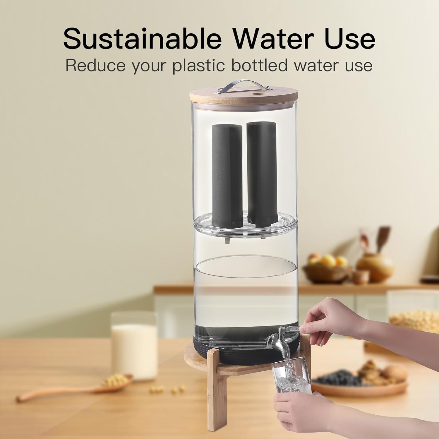 All Glass Gravity-fed Water Filter System, 2.25-Gallon All Glass Water Purifier with 4 Filters (4 Black Filter, 7 Inch Stand, Protective Sleeve), Reduces 99% Chlorine