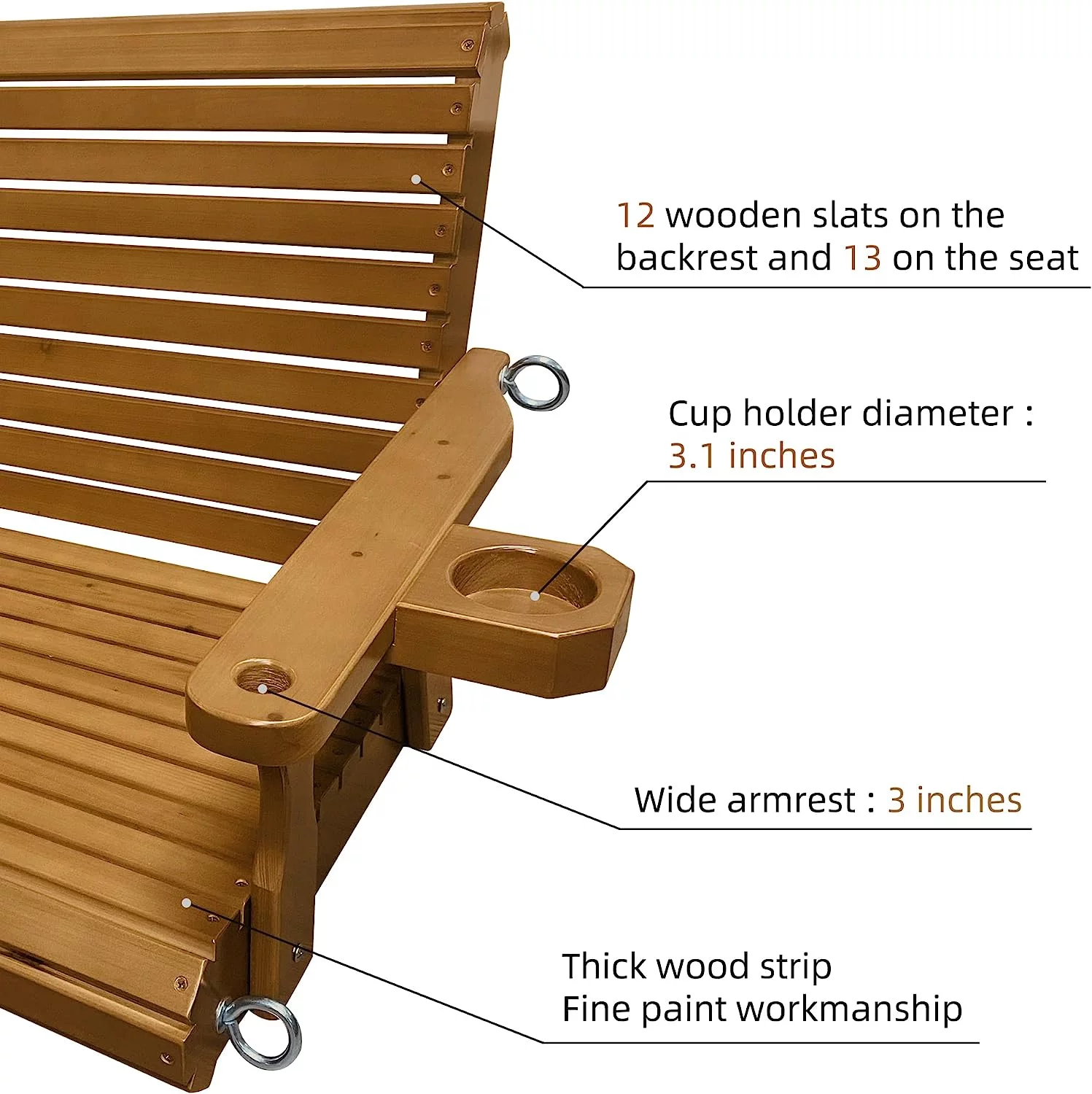 Patio Wooden Porch Swing 2 Seater with Cupholders, 800 lbs Bench Swing for Outdoors, 4.5 feet Brown