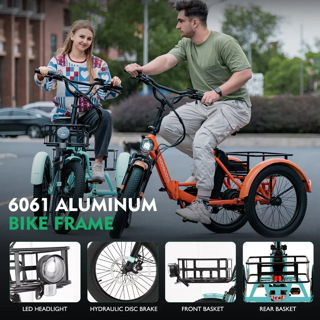 LILYPELLE Electric Folding Tricycle for Adults & Seniors,with 500W Motor & 48v 14.5Ah Detachable lithium battery, 20*3in Fat Tires,Big basket