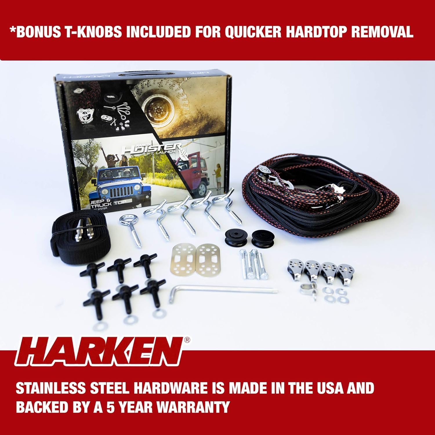 HARKEN - Hardtop Overhead Garage Storage Hoist for Jeep Wrangler and Ford Bronco, Self-Leveling, Safe Anti-Drop System, Easy One-Person Operation, (Bonus T Knobs for Quick Hard Top Removal)