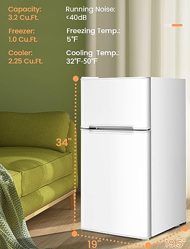 NAFORT Compact Refrigerator, 3.2 cu ft. Unit 2-Door Mini Freezer Cooler Fridge, Grey/White