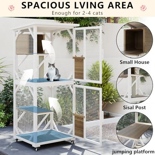 LEMBERI Cat House Outdoor Catio Cat Enclosures on Wheels, 71" Large Outside Patio Wooden Cat Cage Resting Box,Scratching Post, Waterproof Roof (Gray, 71")