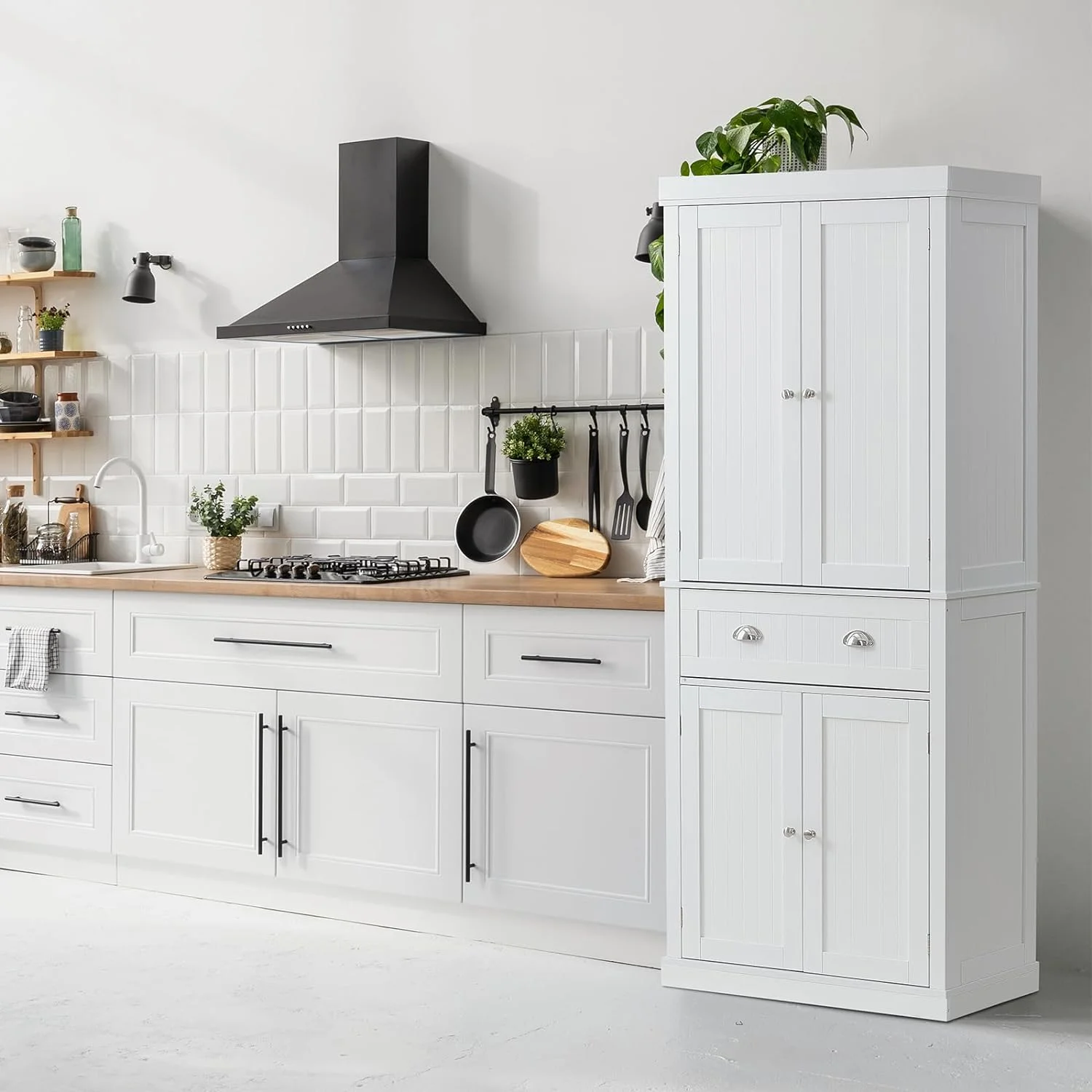 TJUNBOLIFE 72"  Freestanding Utility Cabinets with Doors  Drawer and 3 Adjustable Shelves  Tall Food Buffet Pantries for Kitchen  Living  Dinning Room  Laundry  Pearl White
