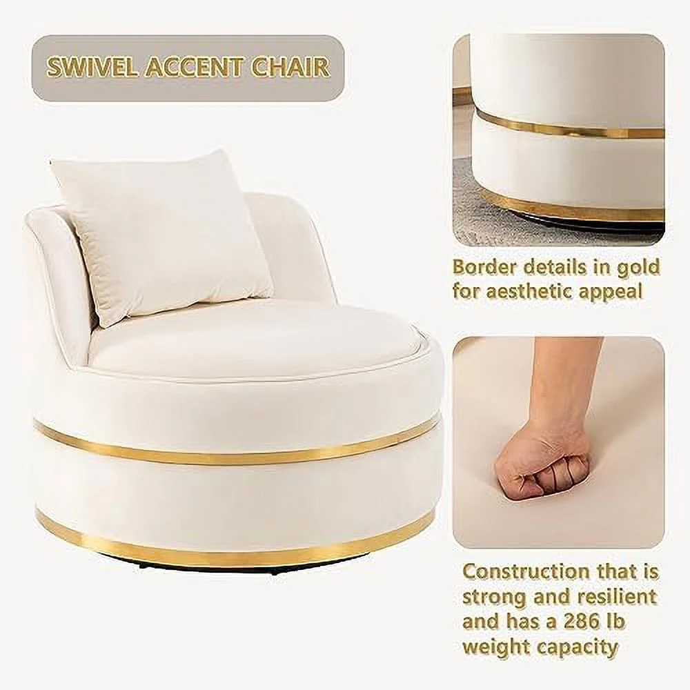 HOOMHIBIU Swivel Accent Chair - Velvet Boucle Round Barrel Chair with Pillow  Oversized Cozy Single Sofa for Living Room  Bedroom with  Degree Rotation and Sturdy Stainless Steel Base (Wh