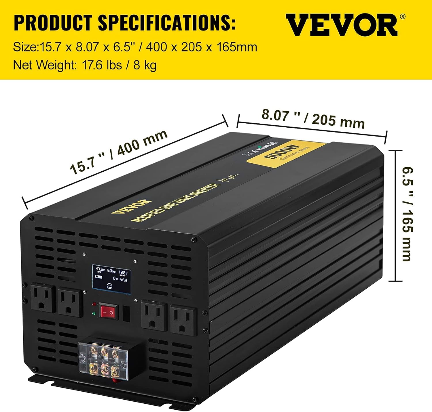 VEVOR Power Inverter, 5000W Modified Sine Wave Inverter, DC 36V to AC 120V Car Converter, with LCD Display, Remote Controller, LED Indicator, AC Outlets Inverter for Truck RV Car Boat Travel Camping