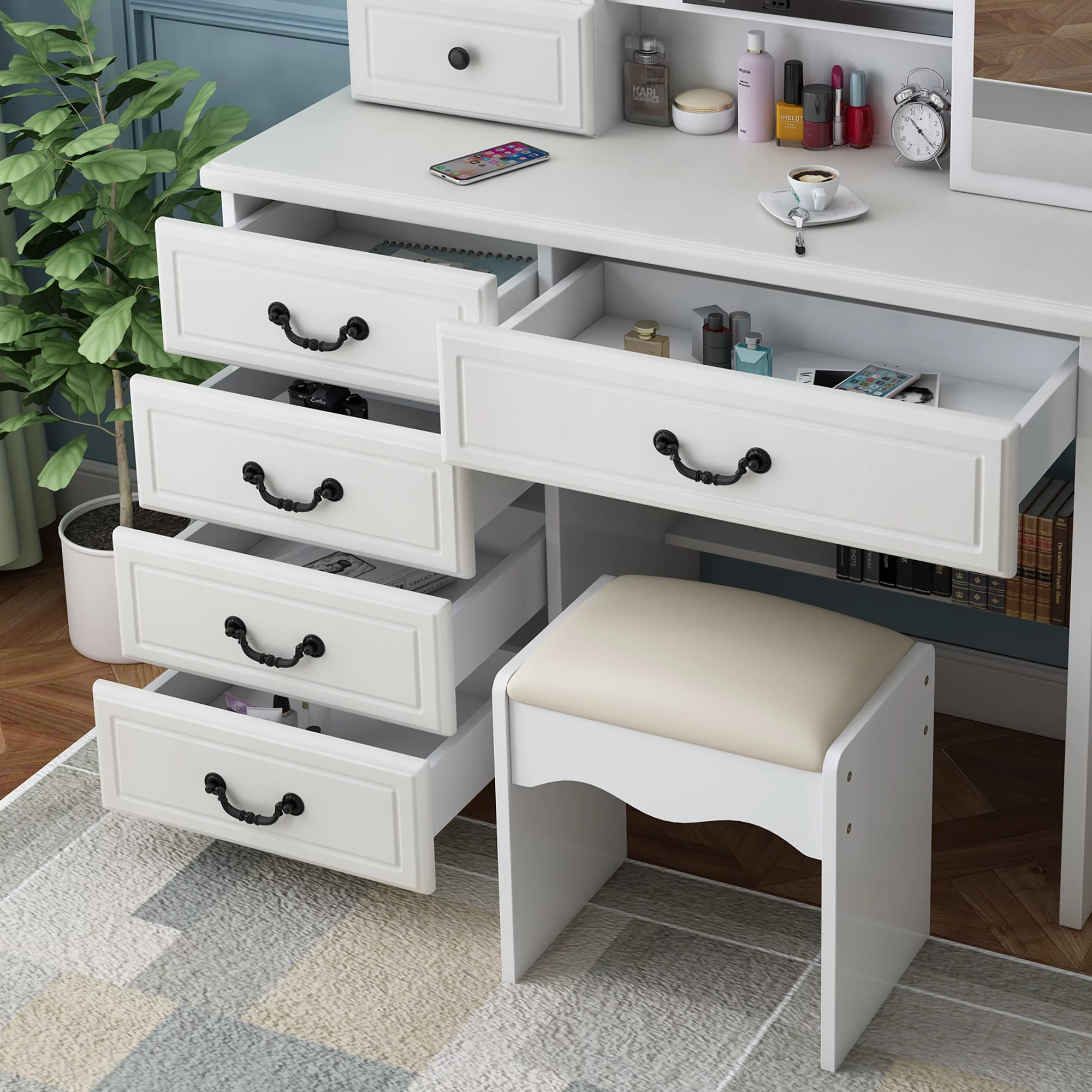 Leavader Vanity Desk with Mirror and Led Lights, Makeup Vanity Table Set with 3 Color Lighting Brightness Adjustable, 6 Drawers, White Color Dress Vanity Table