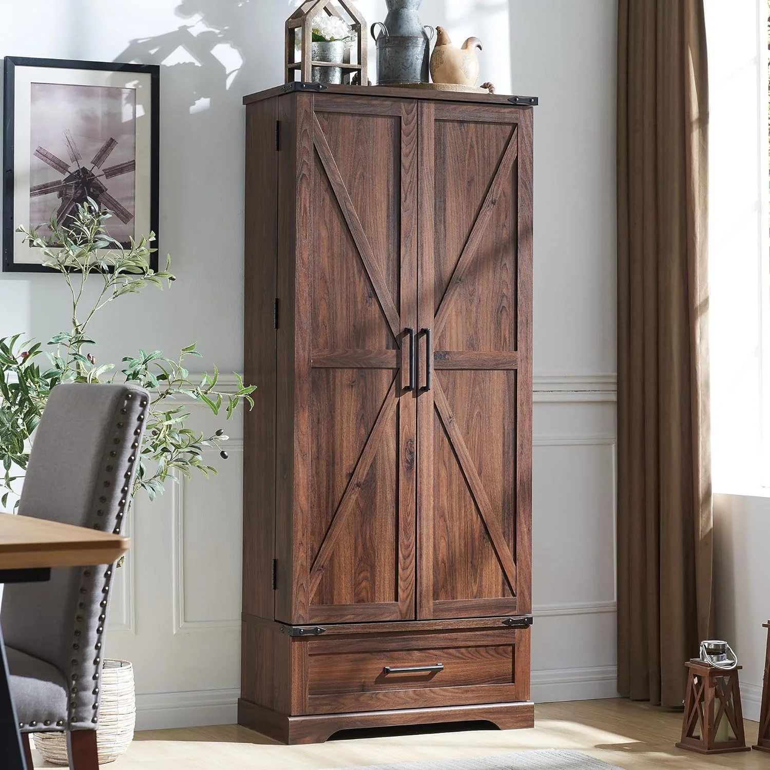 ACCOHOHO Farmhouse 72" Tall Kitchen Pantry Cabinet with 2 Doors, Large Drawer Shelves Wood Storage Cabinet for Dining Room Living Room, Brown