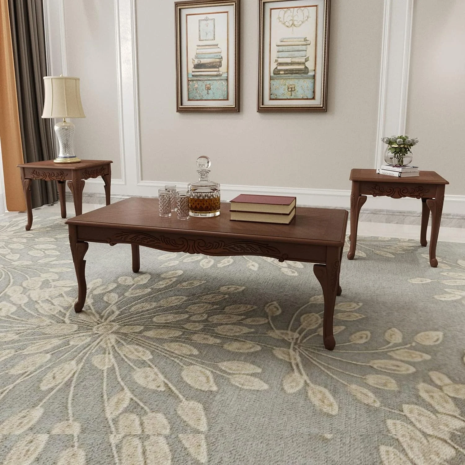 Modern 3 Piece Coffee Table Set, Wood Farmhouse Living Room Table Set Of 3, Includes 1 Rectangular Coffee Table & 2 Square End Tables With Carving Pattern, Espresso