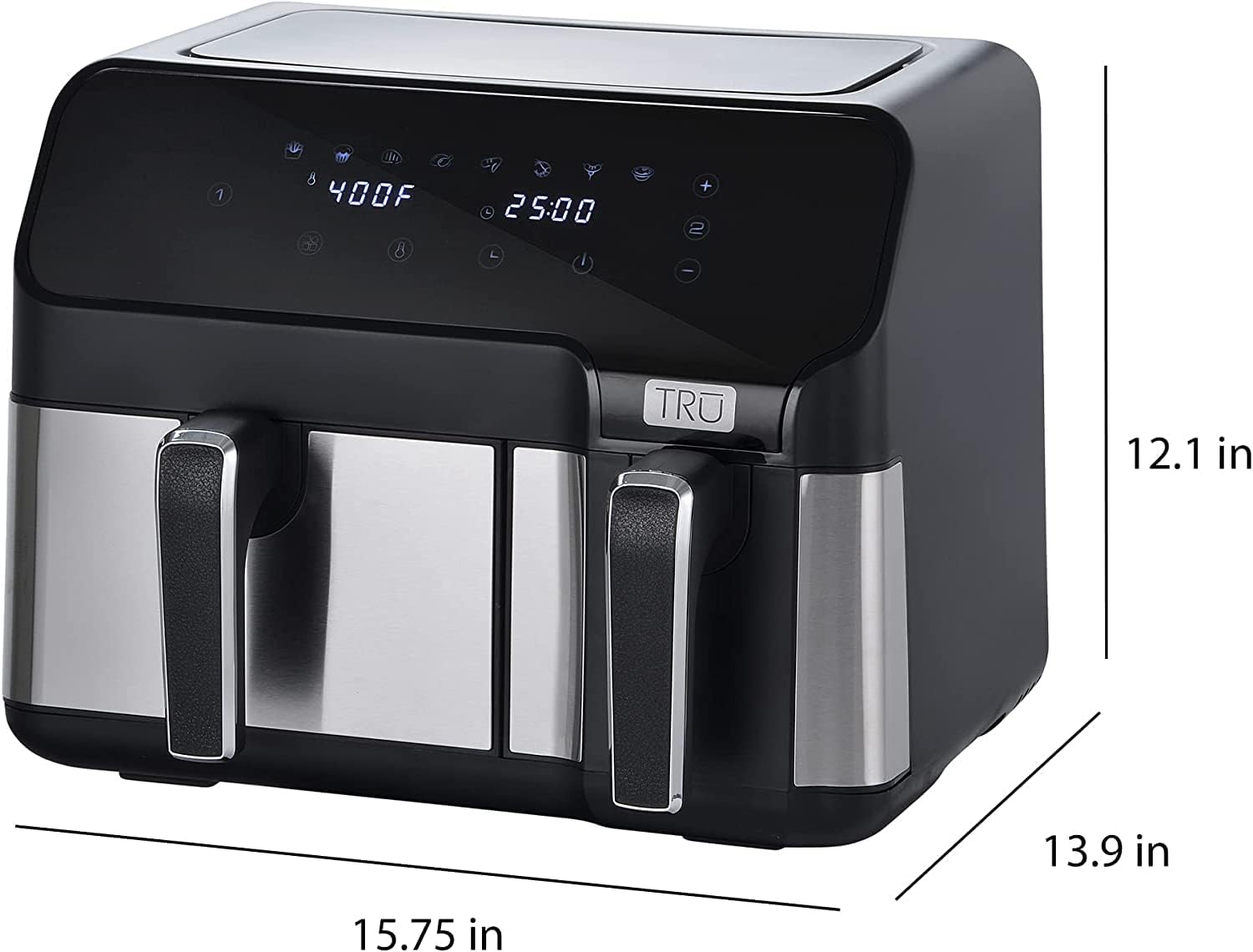 TRU Dual Zone Air Fryer, 9.0 Quarts, Temperature Control, Black and Stainless Steel