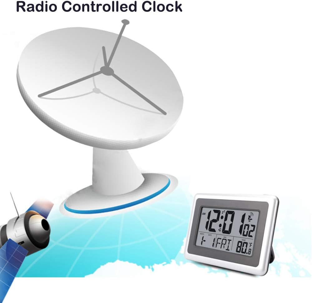 Atomic Wall Desk Clock Large Display with Indoor Outdoor Temperature Date Calendar, Digital Alarm Clock Battery Operated Without Backlight for Kitchen Bedroom