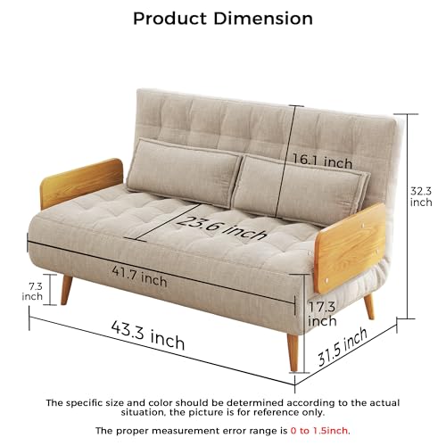 3-in-1 Convertible Chair Bed Sleeper for Adults, Linen Convertable Sleeper Chair with Wooden Arms & Pillows, Foldable Single Futon Sofa Bed (Mid Century with Walnut Arm, 36.6" Wide)
