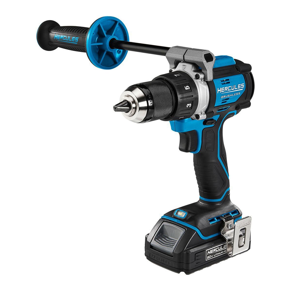 HERCULES 20V Brushless Cordless, 1/2 in. Drill/Driver Kit with Side Handle, 2 Ah Battery, and Charger